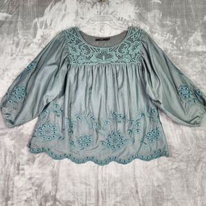 Hazel Silk Blend Tunic Top Size S Green 3/4 Balloon Sleeve Lace Embroidered Boho